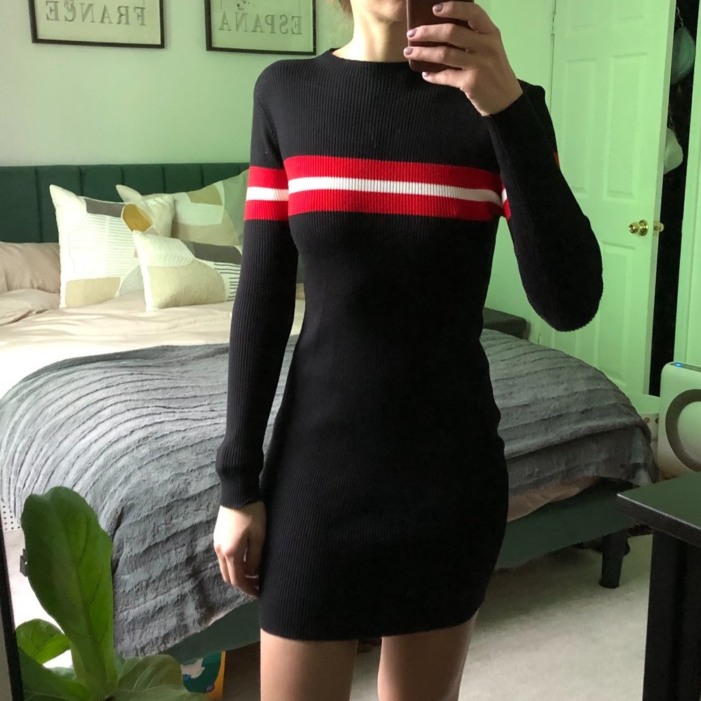 Black Striped Ribbed Bodycon Sweater Dress